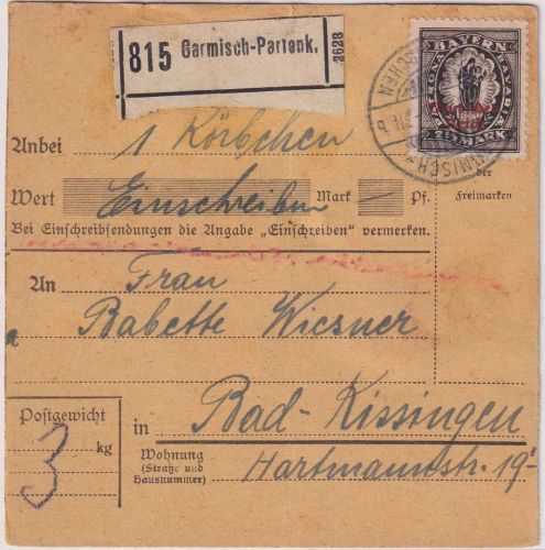 DR-Infla - 2 1/2 M. By-Abschied/DR Einschreibe-Paketkarte Garmisch-Partenk. 1920