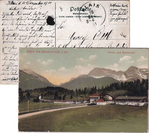 Bayern - Klais 1911 (farb. Ortsansicht) portofreie Soldatenkarte n. München