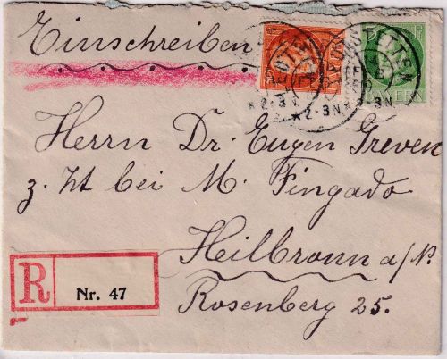 Bayern - 30+5 Pfg. Ludwig Einschreibebrief Leutstetten - Heilbronn 14. FEB 19