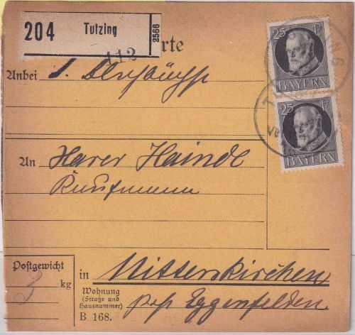 Bayern - 2x25 Pfg. Ludwig Paketkarte Tutzing - Mittenkirchen 21. JUN 16