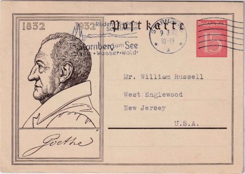 DR - 15 Pfg. Goethe Sonderganzsachen. USA Starnberg - West Englewood 1932
