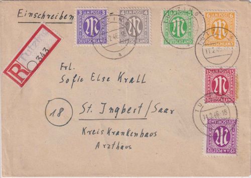 AM-Post - 15 Pfg. amerik. Druck ua. Einschreibebrief Tutzing St. Ingbert 11.2.46