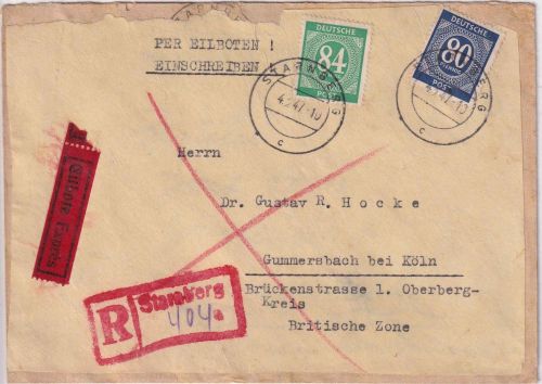 All.Bes. - 80+84 Pfg. Ziffer Eil-Einschreibebrief Starnberg - Gummersbach 1947