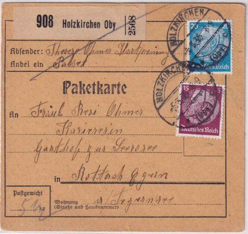 DR - 20+15 Pfg. Hindenburg Paketkarte Holzkirchen - Rottach-Egern 1935