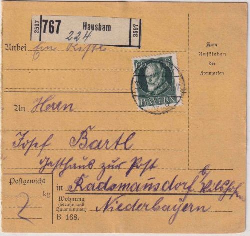 Bayern - 60 Pfg. Ludwig Paketkarte Hausham - Rathmannsdorf b. Vilshofen 1917