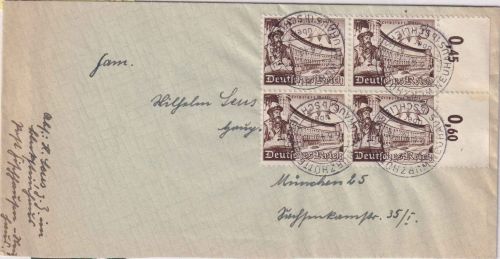 DR - 3 Pfg. Leipziger Messe 4er-Block/OR Brief Wurzhütte ü. Schliersee 6.6.40