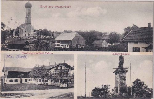 Bayern - Waakirchen Geschäft Denkmal etc. sw-Mehrbild-AK gelaufen 1916