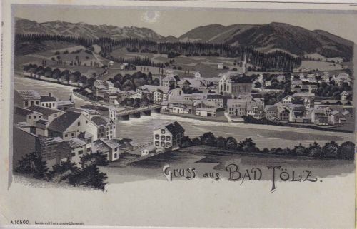 Bayern - Bad Tölz Ortsansicht Badeteil Mondscheinlitho ungelaufen ca. 1900