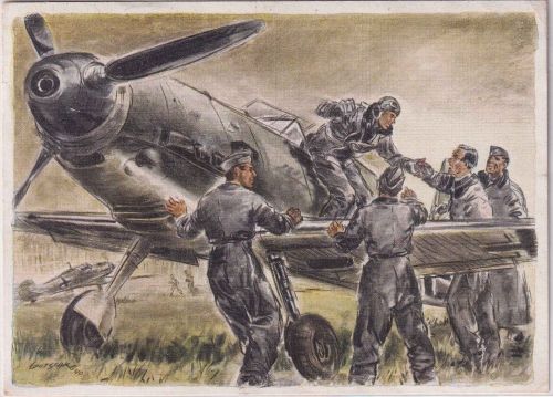 DR - Messerschmidt Me109 farb. Künstlerkarte (Grotschke)/Feldpost Koblenz 1942