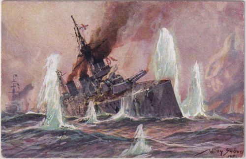 DR - Seegefecht Nordsee farb. Künstler-AK (W. Stöwer) Feldpostkarte 1915