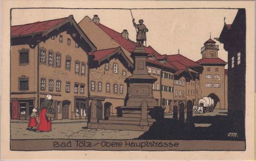 Bayern - Bad Tölz Obere Hauptstraße farb. Steinzeichnung-AK 1913