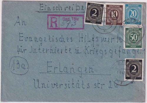 All.Bes. - 50 Pfg. Ziffer u.a. Einschreibebrief Bad Tölz - Erlangen 1947