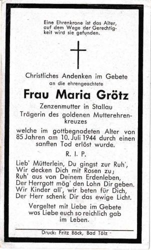 DR - Bad Heilbrunn Stallau Sterbebild (Goldenes Mutter-Ehrenkreuz) 1944