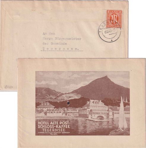 AM-Post - Tegernsee 6.10.45 entnazifizierter Werbeumschlag Hotel Alte Post