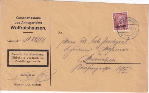 DR - 60 Pfg. Stephan/Dienst Zustellurkunde Wolfratshausen - München 1929