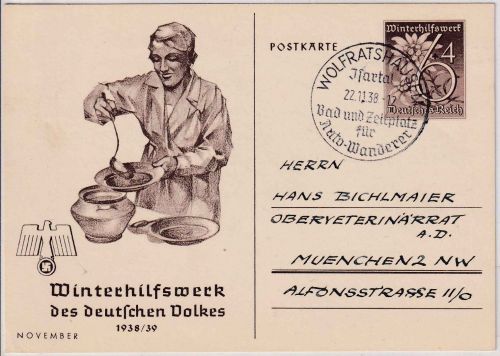 DR - 6 Pfg. WHW-Sonderganzsache seltener Handwerbestempel Wolfratshausen 1938