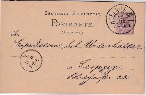 DR - Rosenheim 25. JUN K1/Fremdentwertung 5 Pfg. Ganzsache/Antwortteil 1881
