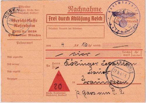 DR - Rosenheim 1942 Nachnahmekarte/Frei d. Ablösung n. Gars