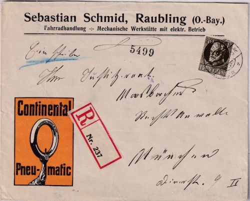 Bayern - 40 Pfg. Ludwig illustr. Einschreibebrief Raubling - München 1915