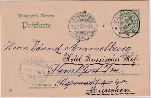 Bayern - 5 Pfg. Rauten Ganzsache Bad Aibling 2 - Frankfurt a/M. - München 1907