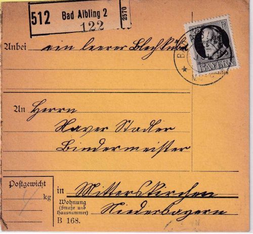 Bayern - 25 Pfg. Ludwig Paketkarte Bad Aibling 2 - Mitterskirchen 1916