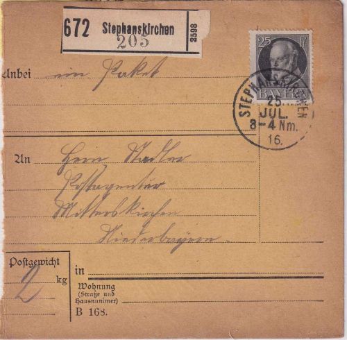 Bayern - 25 Pfg. Ludwig Paketkarte Stephanskirchen - Mitterskirchen 1916