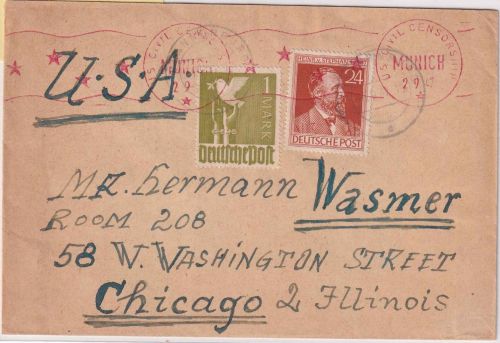 All.Bes. - 1 M. Taube u.a. Zensurbrief n. USA Brannenburg - Chicago 1947