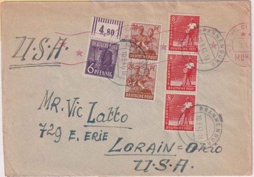 All.Bes. - 2x24 Pfg. Arbeiter u.a. Zensurbrief n. USA Brannenburg - Lorain 1947