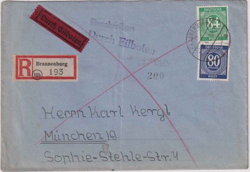 All.Bes. - 80+84 Pfg. Ziffer Eil-Einschreibebrief Brannenburg - München 1947