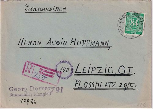 All.Bes. - 84 Pfg. Ziffer Einschreibebrief Bruckmühl - Leipzig 1947