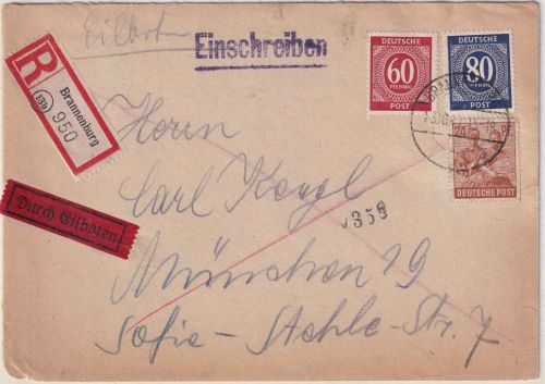All.Bes. - 80 Pfg. Ziffer u.a. Eil-Einschreibebrief Brannenburg - München 1947