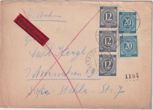 All.Bes. - 3x12+2x20 Pfg. Ziffer unterfrank. Eilbrief Brannenburg - München 1947