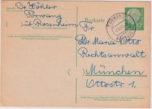 BRD - Törwang ü. Rosenheim Poststelle I 10 Pfg. Ganzsache n. München 1957