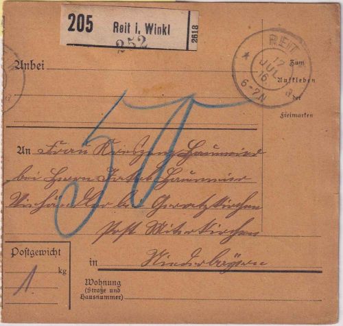 Bayern - Reit i.W. 1916 unfreie Paketkarte n. Mitterskirchen - nachporto