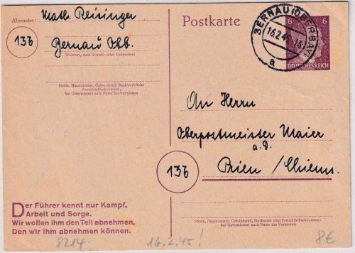 DR - 6 Pfg. AH Ganzsache/Propagandaspruch Bernau 16.2.45 n. Prien