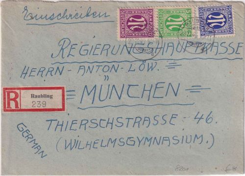 AM-Post - 25+5+12 Pfg amerik. Druck Einschreibebrief Raubling - München 23.11.45