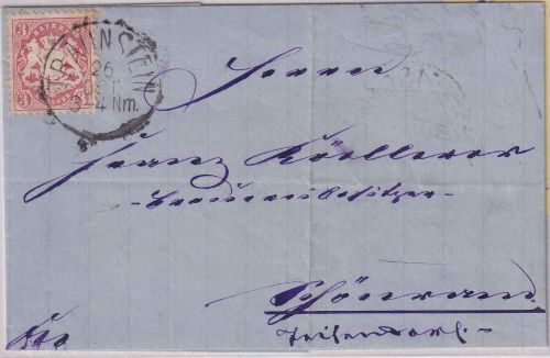 Bayern - 3 Kr. Wappen gez. Wz. weite Welle ! Brief K1 Traunstein 26. OCT. (1875)