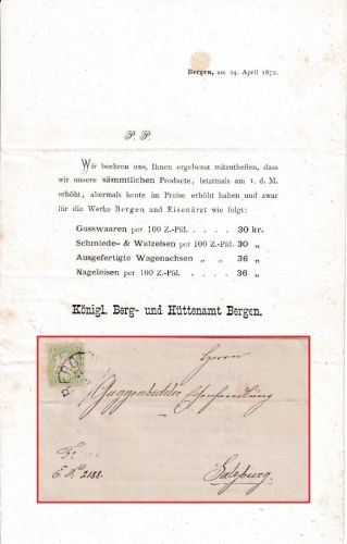Bayern - 1 Kr. Wappen gez. Drucksache n. ÖSTERREICH HKS Bergen 27/4 (1872)