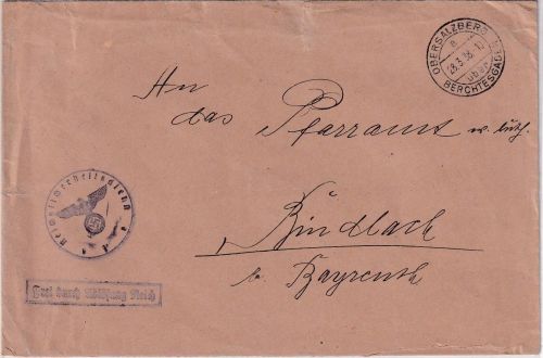 DR - Obersalzberg ü. Berchtesgaden Dienstbrief/Frei d. Ablösung n. Bindlach 1938