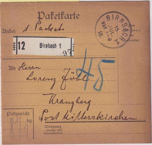 Bayern - Birnbach 1916 unfreie Paketkarte n. Kranzberg - Nachporto