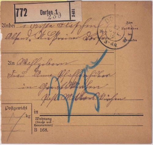 Bayern - Dorfen 1 1916 unfreie Paketkarte n. Mitterskirchen - Nachporto