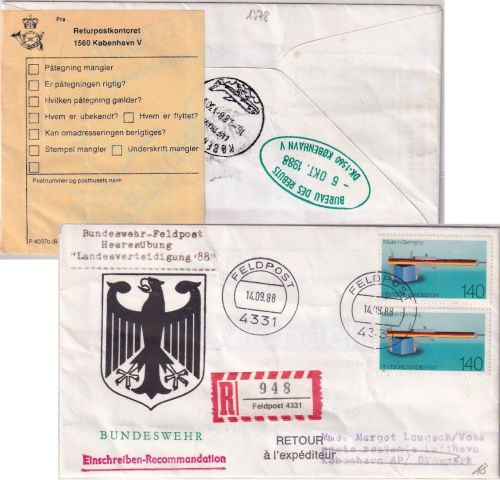 BRD - 2x140 Pfg. Made in Germany Feldpost-Einschreibebrief Feldpost 4331 14.9.88