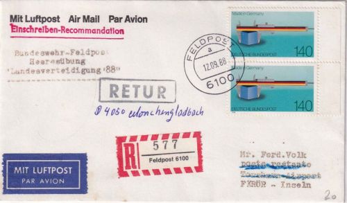 BRD - 2x140 Pfg. Made in Germany Feldpost-Einschreibebrief Feldpost 6100 12.9.88