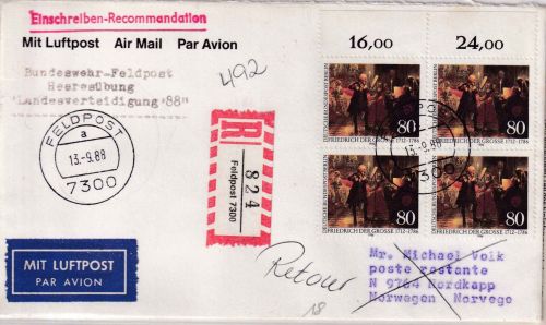 Berlin - 4x80 Pfg. Fr. d. Große Feldpost-Einschreibebrief Feldpost 7300 13.9.88