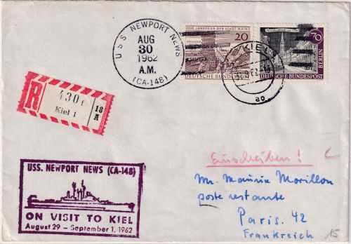 BRD - Kiel 1962 Besuch USS Newport Einschreibebrief n. FRANKREICH
