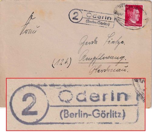 DR - (2) Oderin (Berlin-Görlitz) Landpost-Ra2 Brief Bahnpost 2.1.45 n. Ampflwang
