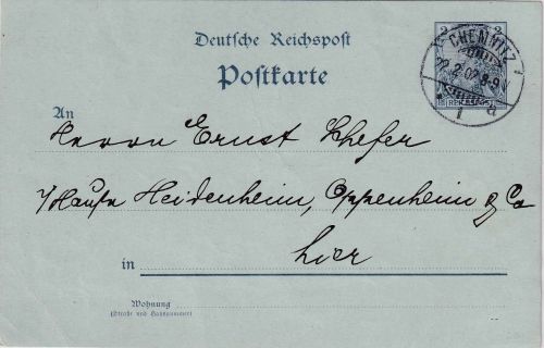 DR - 2 Pfg. Germania/Reichspost m. Zudruck Ortskarte Chemnitz 22.2.02