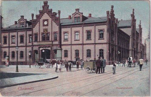 Sachsen - Chemnitz Hauptpostamt farb. AK gelaufen 1906