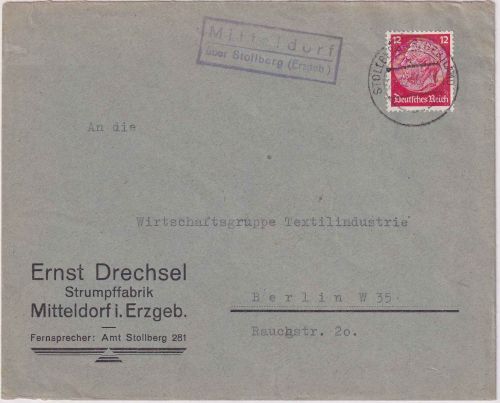 DR - Mitteldorf ü. Stollberg (Erzgeb.) Landpost-Ra2 Brief n. Berlin 1936