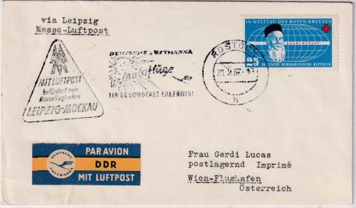 DDR - Rostock 1957 Messe-Luftpost n. Österreich ü- Leipzig-Mockau